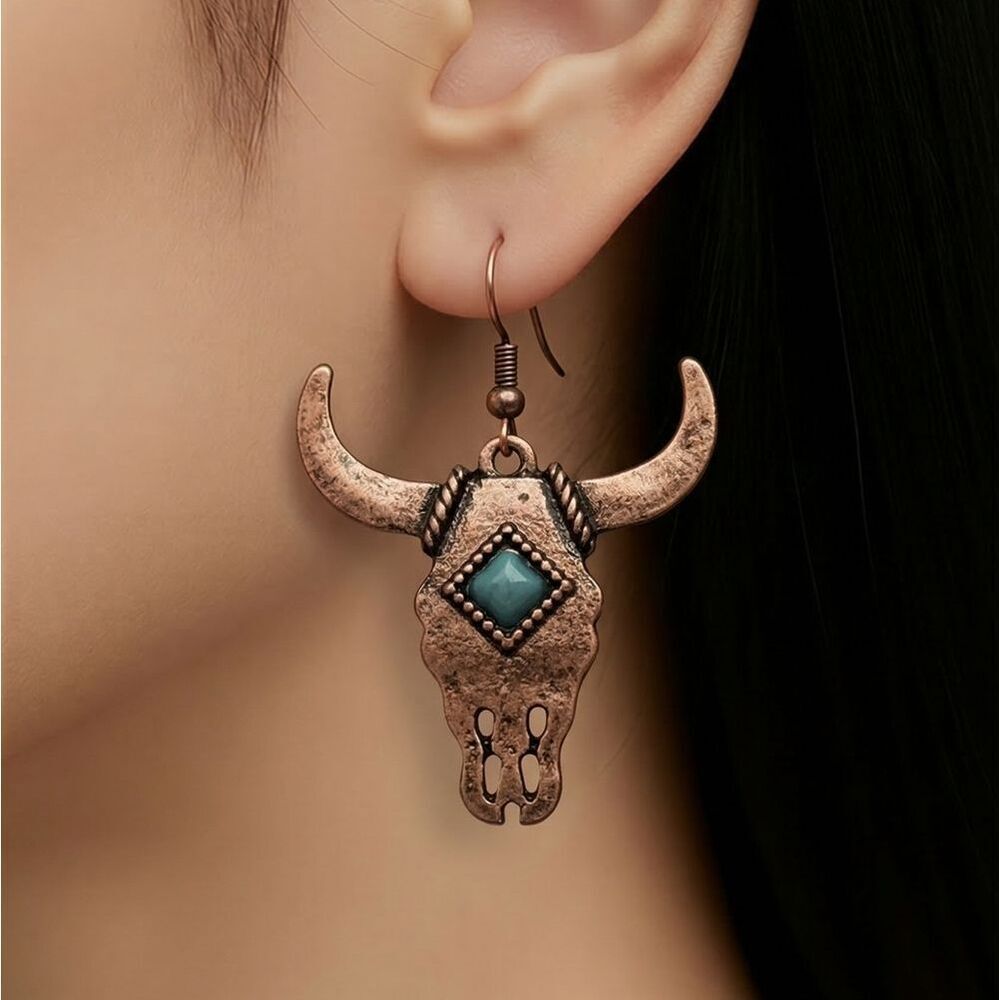 Western Longhorn Skull Earrings Copper Turquoise Cowgirl Steer Dangle Earrings
